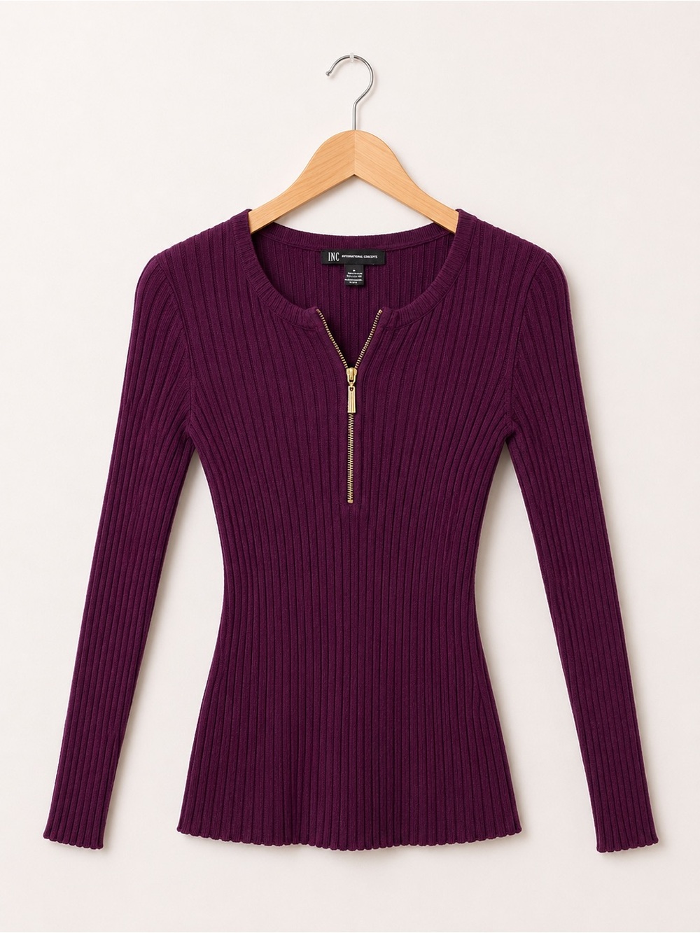 INC International Concepts Ribbed Knit Zip Sweater Top - Plum Large L